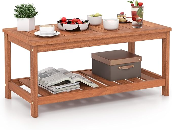 Giantex Hardwood Patio Coffee Table - 2-Tier Wooden Coffee Table with Slatted Tabletop & Storage Shelf, Outdoor Rectangular Center Table for Backyard, Garden, Poolside, Balcony & Indoor, Walnut