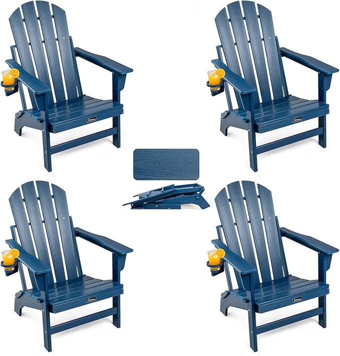 FUNBERRY Folding Adirondack Chairs Set of 4, HDPE Stable Gun-Leg Design Fire Pit Chairs with Cupholder All Weather for Outside
