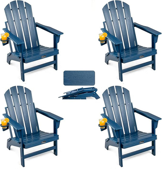 FUNBERRY Folding Adirondack Chairs Set of 4, HDPE Stable Gun-Leg Design Fire Pit Chairs with Cupholder All Weather for Outside