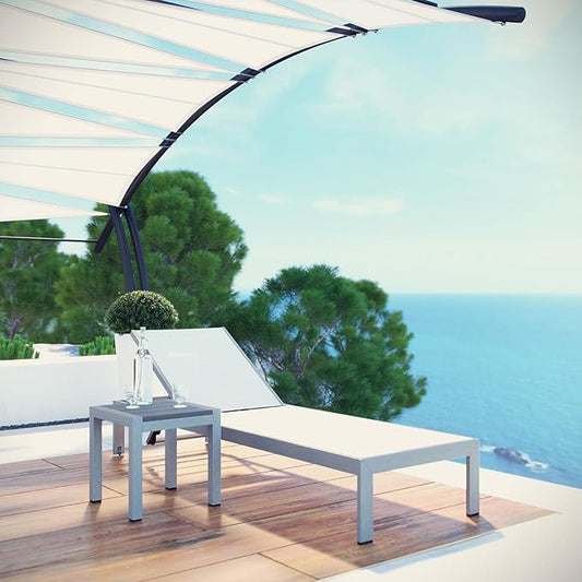 Modway Shore Aluminum Textilene® Mesh Outdoor Patio Poolside Chaise Lounge Chair and Side End Table Set in Silver White