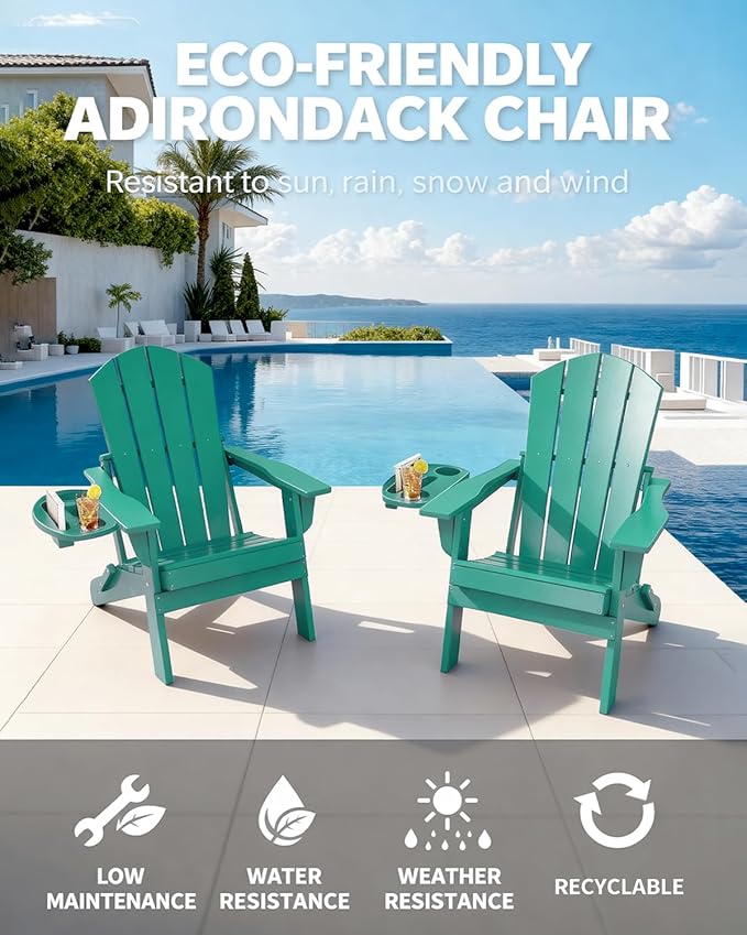 Adirondack Chair Set of 8, HDPE Folding Adirondack Chair with Multifunctional Cup Holder, Weather Resistant Fire Pit Chair for porches, patios, poolsides, Decks.