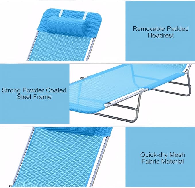 Outdoor Tanning Chair with Pillow, Folding Chaise Lounge Chair with Adjustable Backrest, Portable Lay Flat Beach Lounge Chairs for Sunbathing Poolside Patio Lawn Camping(Blue 2)