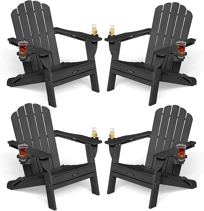 Adirondack Chairs Set of 4, Foldable Adirondack Chairs with 2 Cup Holder, Wood Texture HDPE Fire Pit Chairs - Photo 3