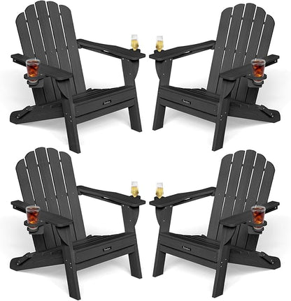 Adirondack Chairs Set of 4, Foldable Adirondack Chairs with 2 Cup Holder, Wood Texture HDPE Fire Pit Chairs, Outdoor Lawn Chair for Patio Garden, Black