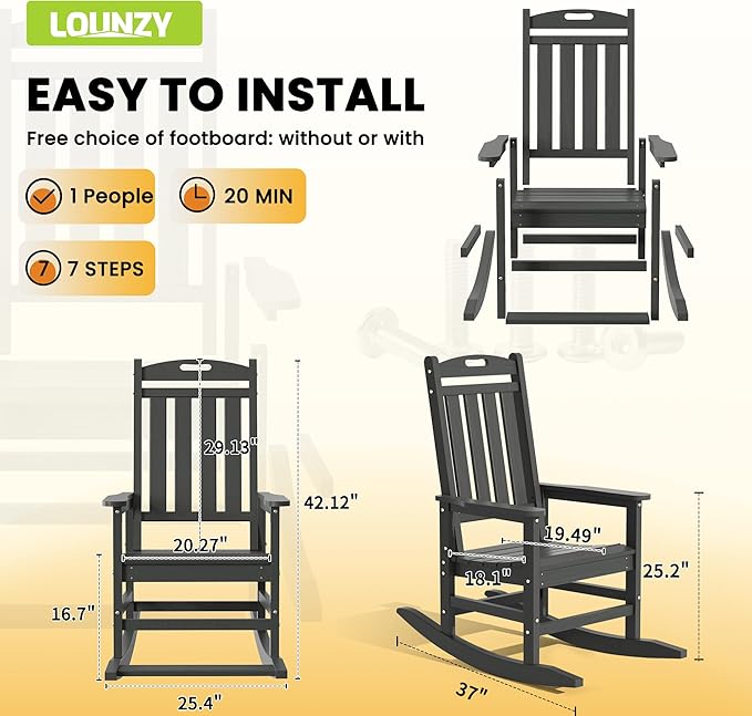 LOUNZY Outdoor Rocking Chair with Footboards Set of 2, HDPE Rocking Chair Patio Porch Rocker with 380lbs Support for Adult, Grey