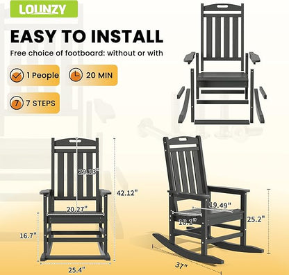 LOUNZY Outdoor Rocking Chair, HDPE Patio Rocking Chair with Footboard for Adults, All Weather Heavy Duty Front Porch Rocker, Grey