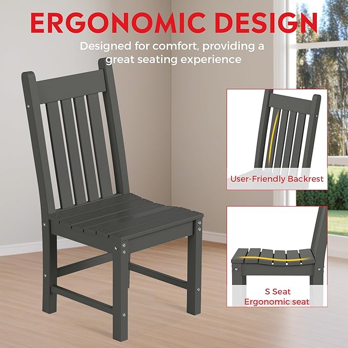 Costaelm Armless Outdoor Chair, Patio Adirondack Chair, HDPE Poly Lumber Waterproof Restaurant Bistro Kitchen Dining Chair for Outside Porch Backyard Garden, Gray