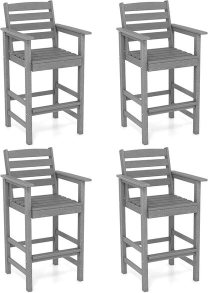 Giantex 29” Bar Stools Set of 4, HDPE Barstools w/Back, Armrests & Footrests, Max Load 330Lbs, Counter Height Bar Stools, Adirondack Chair for Patio Balcony Outdoor Bistro Set, Grey