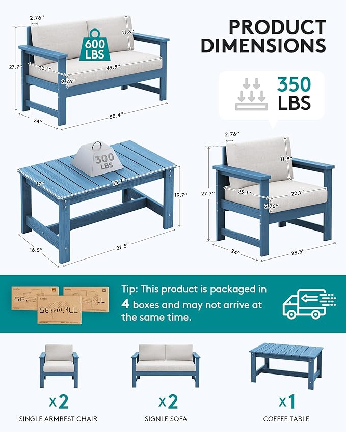 SERWALL 5 Pieces HDPE Outdoor Sofa Set with Cushions - Photo 2