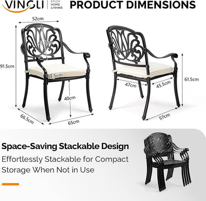 VINGLI Patio Chairs Set of 4 - Stackable Outdoor Cast Aluminum Dining Chairs with Vintage Black Finish and Floral Pattern, Metal Armchairs for Poolside, Backyard, Balcony (with Cushion)