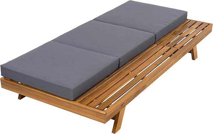 Christopher Knight Home Kayes Acacia Wood Chaise Lounge with 4'' Triple Folds Cushion, Outdoor 79'' Patio Recliner Chair with 4-Position Adjustable Backrest, Sun Lounger for Backyard, Teak+Dark Gray