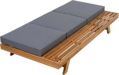 Christopher Knight Home Kayes Acacia Wood Chaise Lounge with 4'' Triple Folds Cushion, Outdoor 79'' Patio Recliner Chair with 4-Position Adjustable Backrest, Sun Lounger for Backyard, Teak+Dark Gray