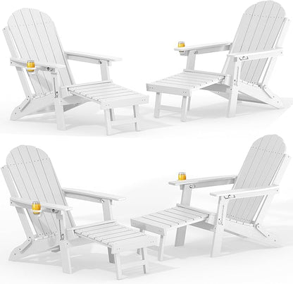 YEFU Adirondack Chair with Retractable Ottoman: Adjustable Folding Adirondack Chairs Set of 4 - Fire Pit Chairs with Cup Holder - Sturdy HDPE Plastic All Weather for Outdoor/Patio/Fire Pit/Pool(White)