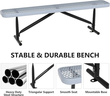 Outdoor Garden Benches, 6 ft Steel Picnic Bench Porch Chair Furniture Patio Seating, Commercial Expanded Metal Mesh Bench for Outside, Lawn, Backyard, Park, Deck, Garden, Patio, School (Grey, 6FT)