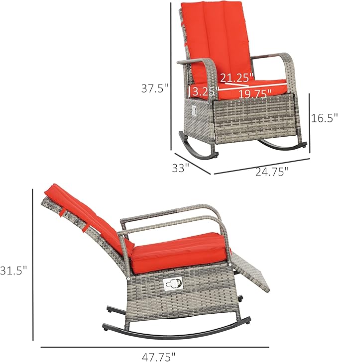Outsunny Wicker Outdoor Rocking Chair, Patio Recliner with Adjustment Backrest, PE Rattan Lounge Chair with Adjustable Footrest and Cushions for Garden, Backyard, Porch, Red