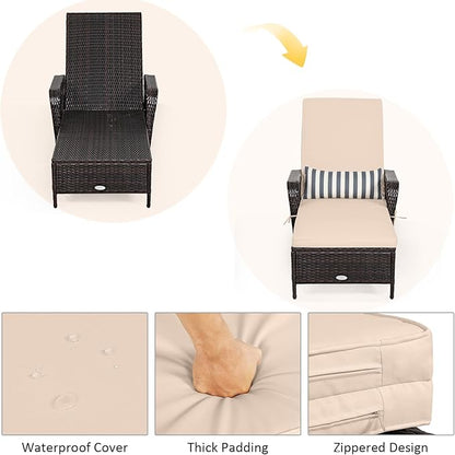 Tangkula Wicker Chaise Lounge Outdoor, Patio Rattan Reclining Chaise with 6-Gear Adjustable Backrest, Thick Padded Cushion & Removable Lumbar Pillow, Pool Lounge Chairs for Outside Balcony Backyard