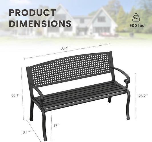 Outdoor Bench, 50.4" Patio Metal Frame Garden Bench with Backrest and Curved Armrests for Lawn Backyard, Black