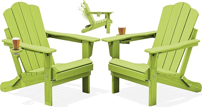 KINGYES Adjustable Folding Adirondack Chairs Set of 2, 3-Position Reclining Adirondack Chair with Cup Holder, HDPE All-Weather Oversized Adirondack for Outdoor, Patio, Deck, Fire Pit, Apple Green