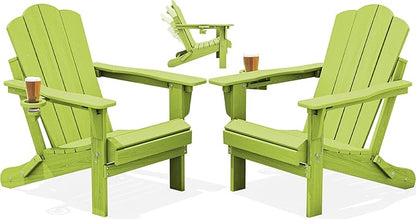 KINGYES Adjustable Folding Adirondack Chairs Set of 2, 3-Position Reclining Adirondack Chair with Cup Holder, HDPE All-Weather Oversized Adirondack for Outdoor, Patio, Deck, Fire Pit, Apple Green