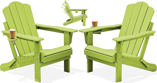 KINGYES Adjustable Folding Adirondack Chairs Set of 2, 3-Position Reclining Adirondack Chair with Cup Holder, HDPE All-Weather Oversized Adirondack for Outdoor, Patio, Deck, Fire Pit, Apple Green