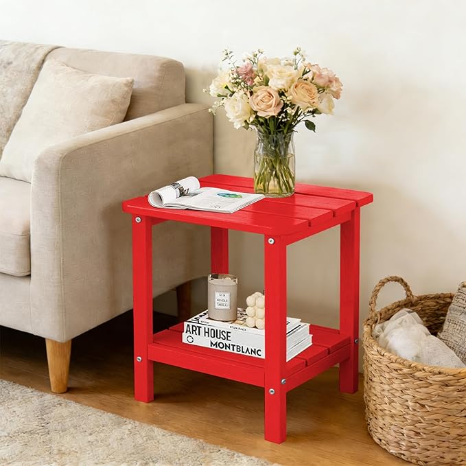 Outdoor Side Table HDPE Small Outdoor End Table Patio Side Tables Square for Backyard Pool Porch Balcony Double Layer Storage, Red (Wood Grain Finish)