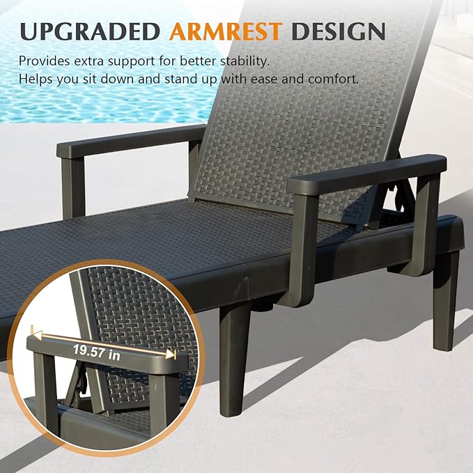 Domi Pool Lounge Chairs Set of 2, Outdoor Lounge Chairs with 6 Positions Backrest Adjustable Armrest - Photo 5