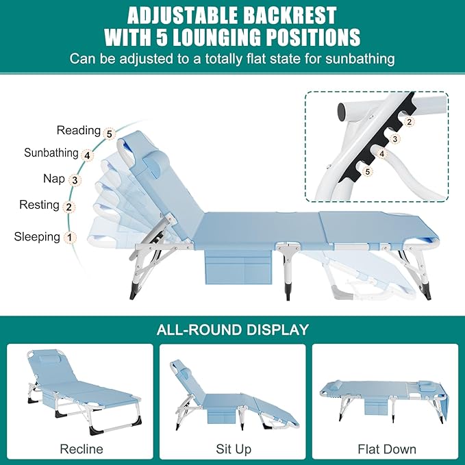 DoCred Heavy Duty XXL Tanning Chair with Face Hole&Mat, Oversized 5-Position Folding Chaise Lounge Chairs for Outside, Portable Beach Lounge Chair for Outdoor Sunbathing Beach Pool Lawn Camping