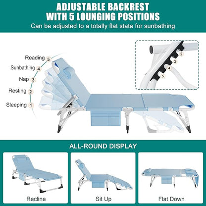 DoCred Heavy Duty XXL Tanning Chair with Face Hole&Mat, Oversized 5-Position Folding Chaise Lounge Chairs for Outside, Portable Beach Lounge Chair for Outdoor Sunbathing Beach Pool Lawn Camping