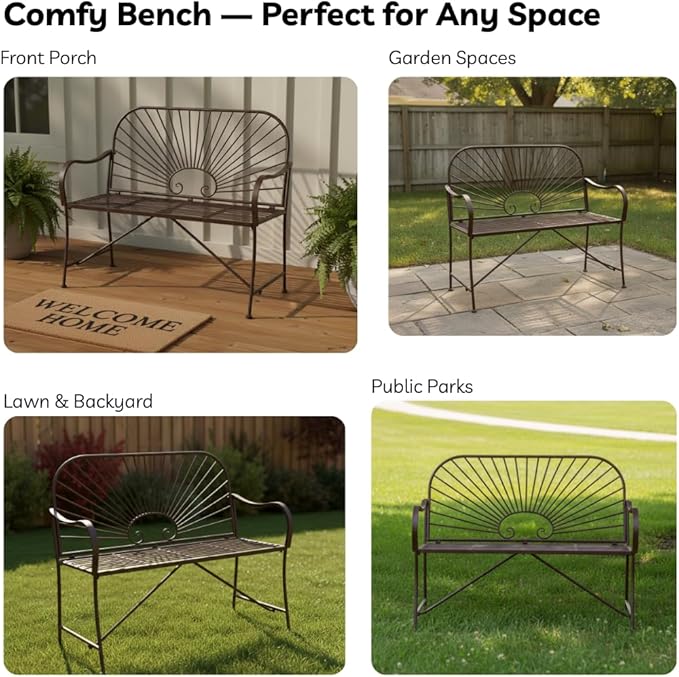 XBrand 44" L Iron Sun-Patterned Seat for Two, Patio & Porch Furniture for Park, Yard, Lawn, Balcony, Backyard – Brown - Photo 9