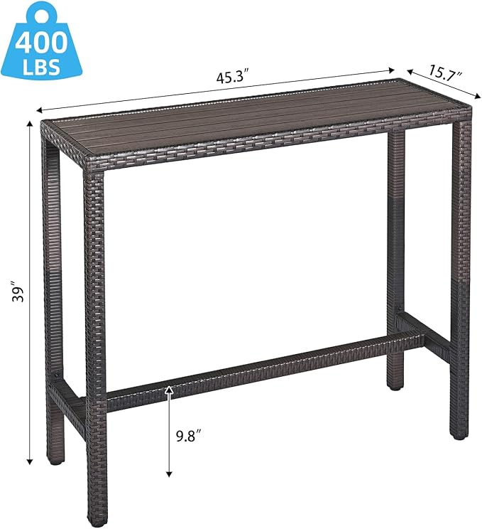 Outdoor Bar Table Patio Counter Height Table 45" Long Wicker High Top Pub Table Tall Console Table Rectangle Narrow with Adjustable Feet for Hot Tub Balcony Garden Outside Pool Deck Backyard Brown
