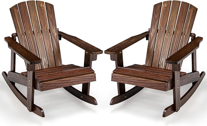 Giantex Wooden Adirondack Rocking Chairs Set of 2 - Kids Outdoor Rocker with Slatted seat, Smooth Rocking Feet, 300LBS Weight Capacity, Porch Rocking Chair for Balcony, Backyard, Poolside (2, Coffee)