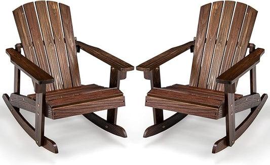 Giantex Wooden Adirondack Rocking Chairs Set of 2 - Kids Outdoor Rocker with Slatted seat, Smooth Rocking Feet, 300LBS Weight Capacity, Porch Rocking Chair for Balcony, Backyard, Poolside (2, Coffee)