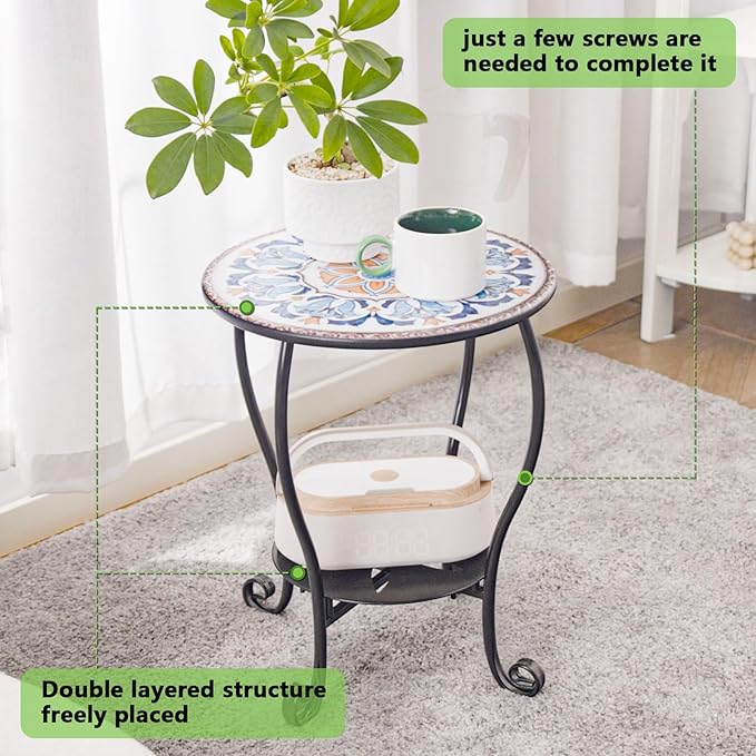 Outdoor Side Table Mosaic Patio Small End Table Metal Coffee Tea Accent Table for Patio Living Room Bedroom Yard Porch - Photo 6