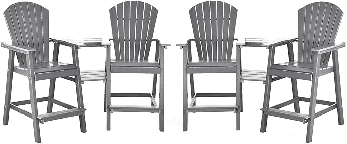 Tall Adirondack Chairs Set of 4, HDPE Balcony Chair with Double Connecting Tray, Weather Resistant Outdoor Adirondack Bar Stools for Patio, Deck, Patio, Backyard, Balcony. (Grey)