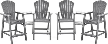 Tall Adirondack Chairs Set of 4, HDPE Balcony Chair with Double Connecting Tray, Weather Resistant Outdoor Adirondack Bar Stools for Patio, Deck, Patio, Backyard, Balcony. (Grey)