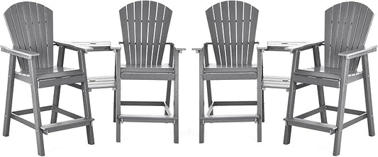 Tall Adirondack Chairs Set of 4, HDPE Balcony Chair with Double Connecting Tray, Weather Resistant Outdoor Adirondack Bar Stools for Patio, Deck, Patio, Backyard, Balcony. (Grey)