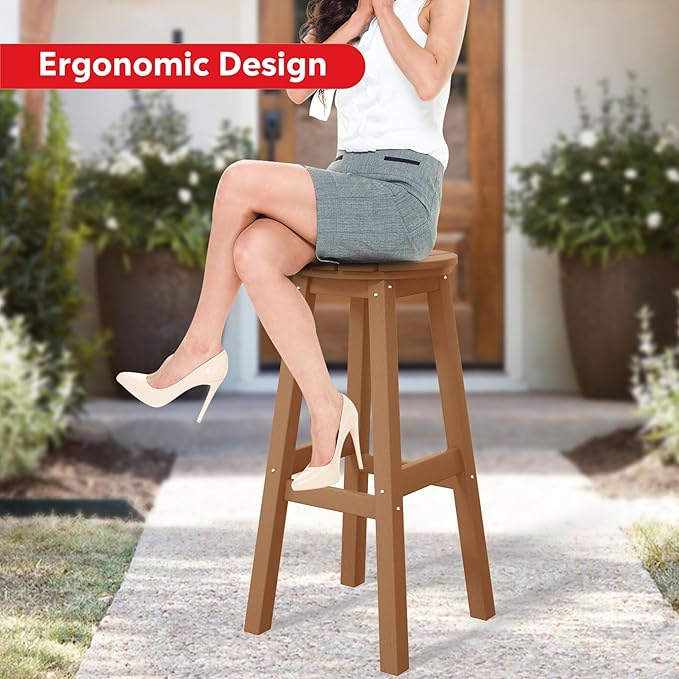 Costaelm 29" Height Outdoor Bar Stools, All-Weather Bar Stools, Adirondack Poly Patio Round Bar Stool for Patio, Deck, Kitchen Counter and Garden, Teak