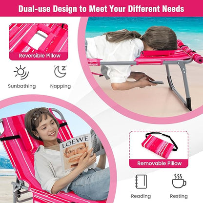 Giantex Tanning Chair, 330Lbs Patio Lounge Chair with 5 Adjustable Position, Face & Arm Hole, Hand/Shoulder Strap, Removable Pillow, Side Pocket, Chaise Lounger for Beach Sunbathing Outdoor