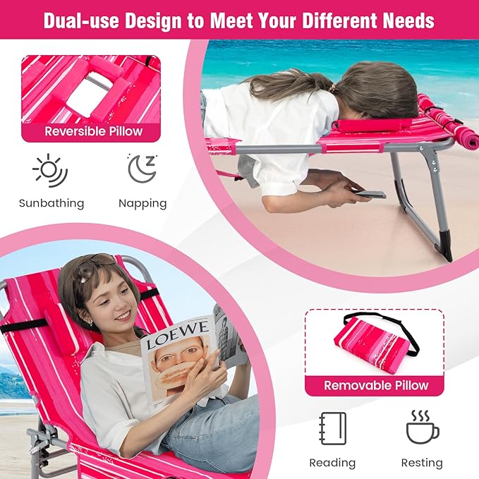 Giantex Set of 2 Tanning Chair, 5-Position Adjustable Beach Chair with Face & Arm Hole, Hand/Shoulder Strap, Removable Pillow, Side Pocket, Load 330 Lbs, Sunbathing Chairs, Lounge Chairs Outdoor