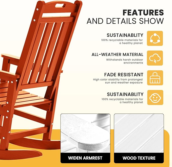 LOUNZY Outdoor Rocking Chair with Footboards Set of 2, HDPE Rocking Chair Patio Porch Rocker with 380lbs Support for Adult, Orange