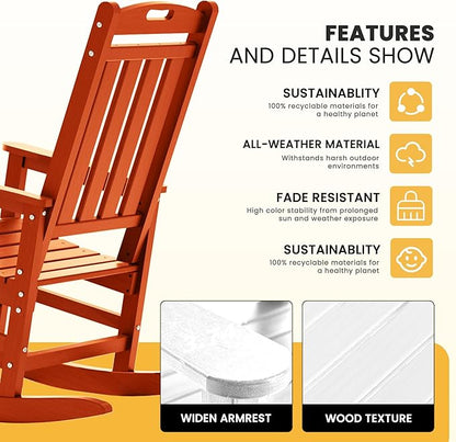 LOUNZY Outdoor Rocking Chair with Footboards Set of 6, HDPE Rocking Chair Patio Porch Rocker with 380lbs Support for Adult, Orange