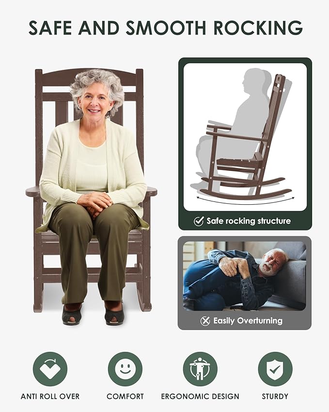 Outdoor Rocking Chair, All-Weather Resistant Poly Lumber Rocker Chair Outdoor, High Back Plastic Patio Rocking Chairs for Outside Porch Rocker Garden Lawn, Mahogany