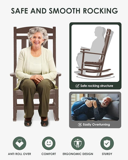 Outdoor Rocking Chair, All-Weather Resistant Poly Lumber Rocker Chair Outdoor, High Back Plastic Patio Rocking Chairs for Outside Porch Rocker Garden Lawn, Mahogany