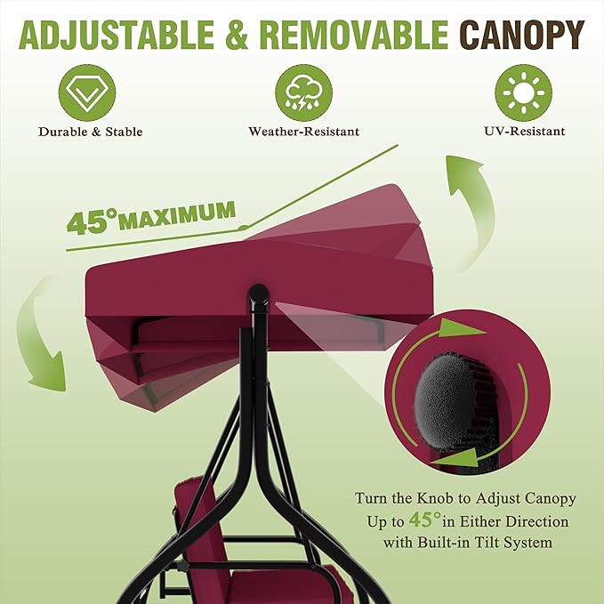 MUPATER 2-in-1 Patio Porch Swing Chair, 3-Seat Outdoor Canopy Swing Glider with Stand and Cushions for Backyard, Deck and Poolside, Wine Red
