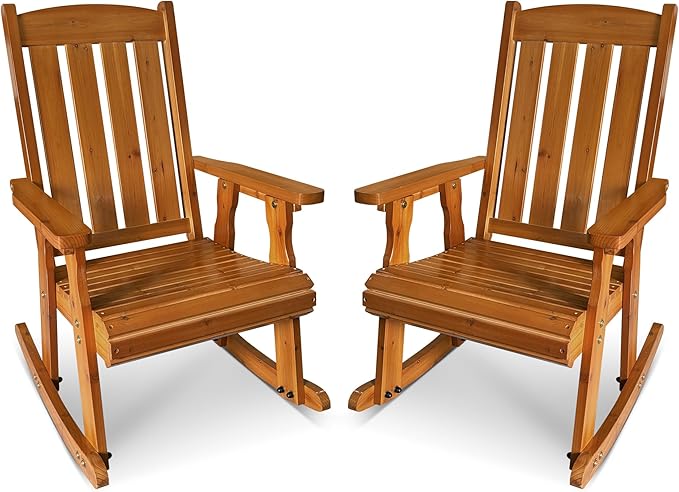 Fortune Candy Wooden Patio Rocking Chair with Comfortable Backrest Inclination, High Backrest and Deep Contoured Seat, Solid Fir Wood, Heavy Duty 600 LBS (Natural, 2 Pieces)