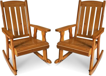 Fortune Candy Wooden Patio Rocking Chair with Comfortable Backrest Inclination, High Backrest and Deep Contoured Seat, Solid Fir Wood, Heavy Duty 600 LBS (Natural, 2 Pieces)