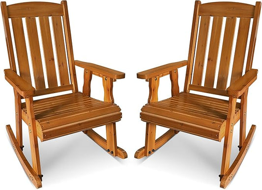 Fortune Candy Wooden Patio Rocking Chair with Comfortable Backrest Inclination, High Backrest and Deep Contoured Seat, Solid Fir Wood, Heavy Duty 600 LBS (Natural, 2 Pieces)