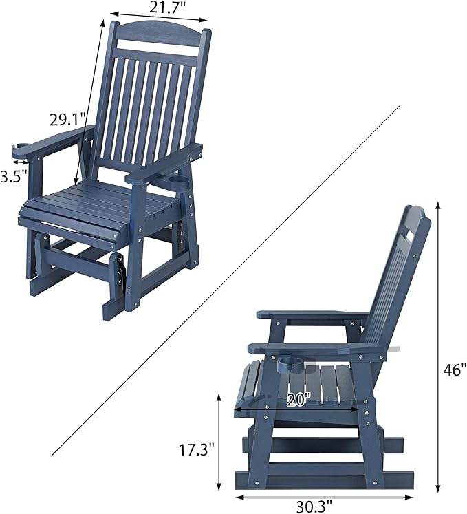 Poly Lumber Patio Glider for One Person, with Cup Holders, High Backrest and Deep Contoured Seat, HIPS Material - Photo 2