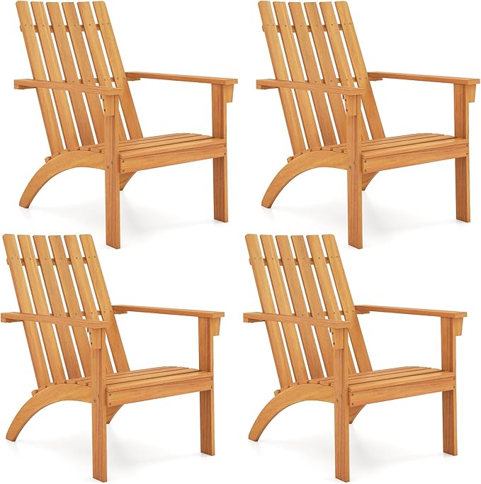 Tangkula Outdoor Adirondack Chair, Solid Acacia Wood Fire Pit Chair with Inclined Backrest, Curved Seat & Wide Armrests, Wooden Lawn Chair for Porch, Patio, Garden, Backyard, Deck (4, Natural)