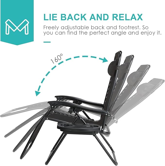 TLSUNNY Zero Gravity Chair Set of 2, Outdoor Folding Lounge W/Detachable Headrest & Holder Tray, Adjustable Textilene Lawn Reclining, No Assembly Required, for Patio, Garden, 330LBS (2, Black)
